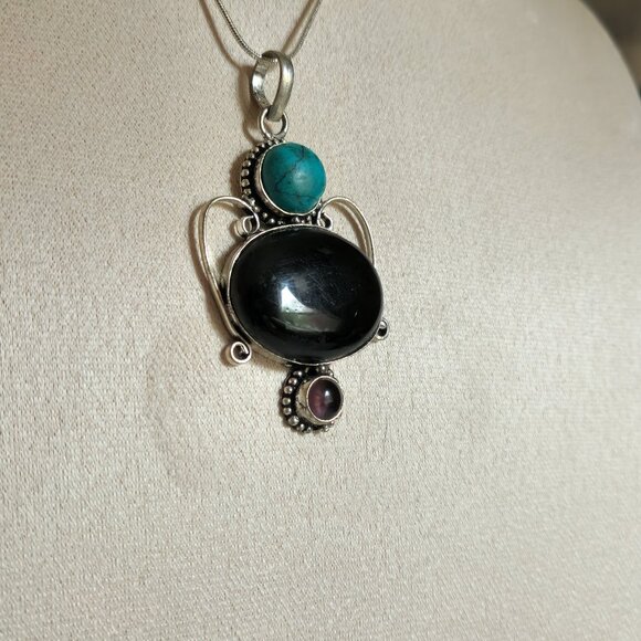 HANDCRAFTED NATURAL ONYX TURQUOISE AMETHYST PENDANT 18" CHAIN NEW - Picture 1 of 11